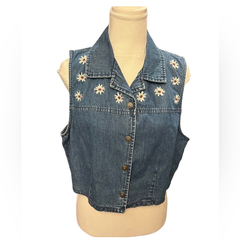 Vintage 90’s Bobbie Brooks Denim Vest L Embroidered Floral Cotton Festival - Picture 1 of 9